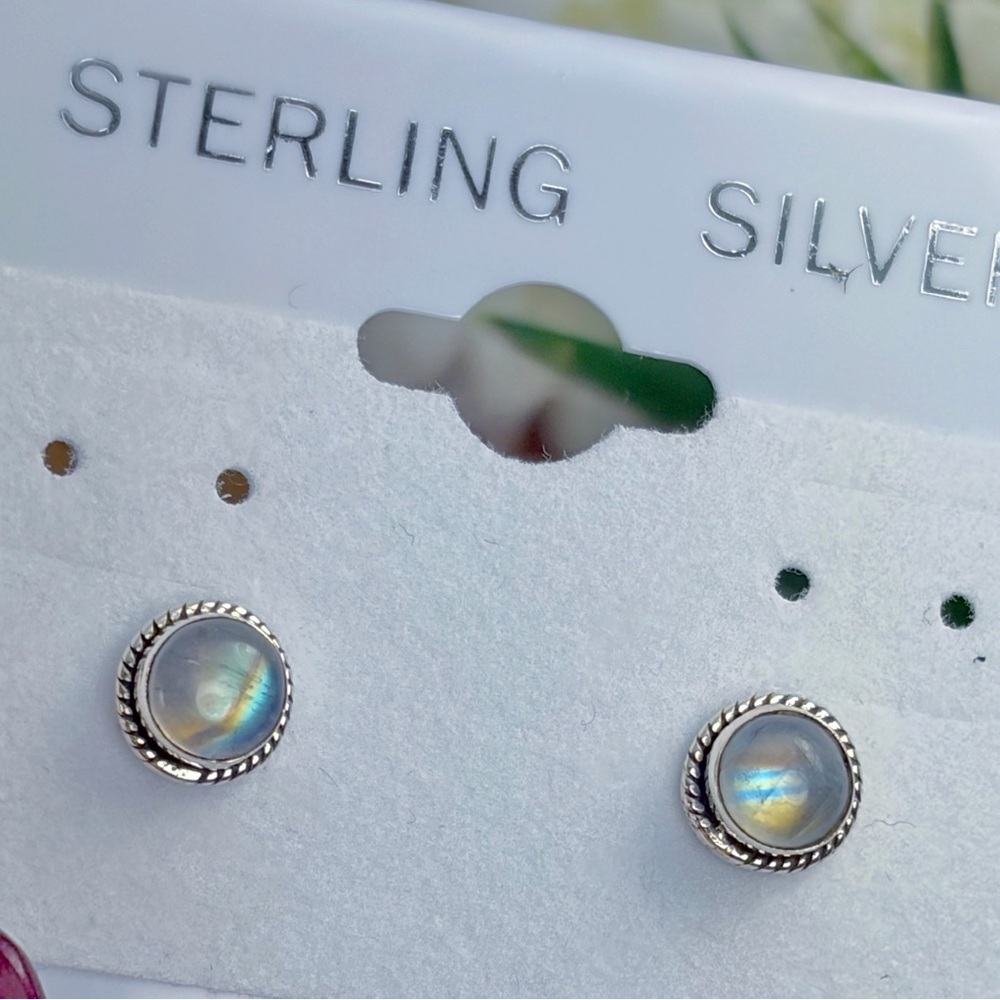 Pure Sterling Silver 925 Rainbow Moonstone Stud Earrings Southwest Blue Yellow - Picture 4 of 7